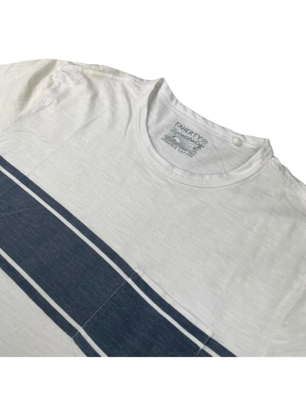 Faherty Men's 100% Organic Cotton S/S T-Shirt White w/Blue Stripes • Medium
